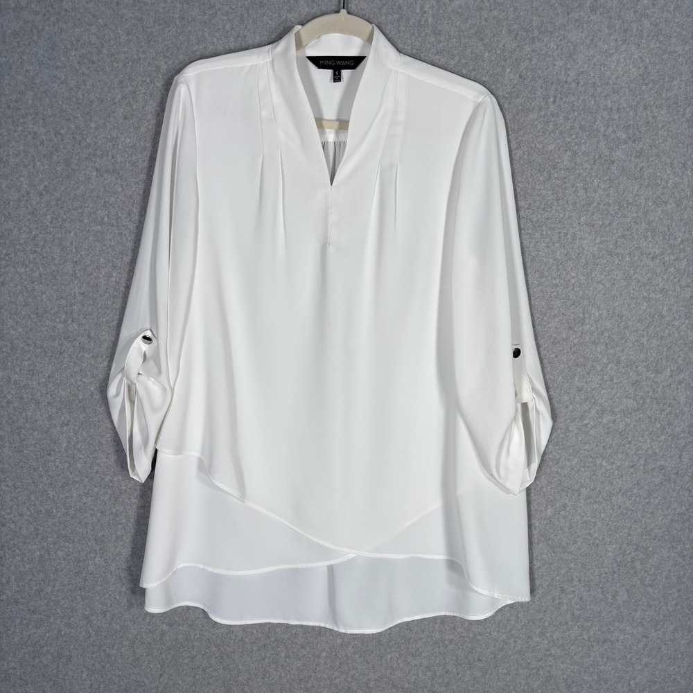 Ming Wang Popover Layered Tunic Blouse Small White Semi Sheer Minimalist Career